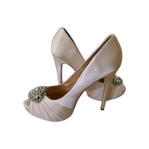 Badgley Mischka Women 8.5 Pink Satin Pump Heel Jeweled Peep Toe Dust Bags NIB